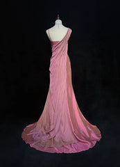 Vintage Prom Dresses 1960s Mermaid Asymmetrical Shoulder Straps Chiffon Pink With Ruffled Long Prom Gown N3095