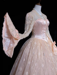 Princess Prom Dresses Ball Gown V Neck Pink Lace With Long Sleeves With Pearls Formal Evening Outfits N3878