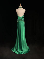Vintage Prom Dresses A Line Halter Green Satin 80s With Beading Long Formal Evening Outfits N3904