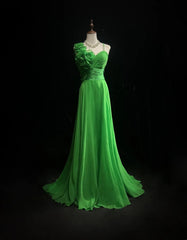 Vintage 90s Prom Dresses A Line One Shoulder Green Chiffon With Flowers Long Prom Gown N3061
