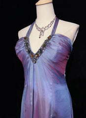 Elegant Prom Dresses A line Halter Gradient Colors Grape Chiffon With Beaded Sleeveless Long Formal Gown N2894