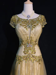 Vintage Prom Dresses 90s Mermaid Jewel Neck Gold Tulle With Beading Long Semi Formal Evening Dress N3674