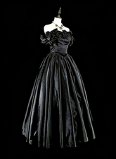 Modest Prom Dresses Ball Gown Off The Shoulder Black Satin Evening Long Quince Dress N3073