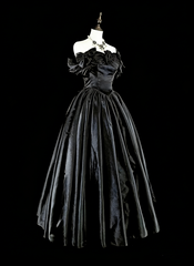 Modest Prom Dresses Ball Gown Off The Shoulder Black Satin Evening Long Quince Dress N3073