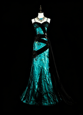 Vintage 1960s Mermaid Spaghetti Strap Black Tulle Green Satin Sleeveless Long Prom Formal Dresses N1585