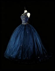 Modest Prom Dresses Ball Gown Navy Blue Tulle Sleeveless Sweet 16 Dress Formal Evening Outfits N3515