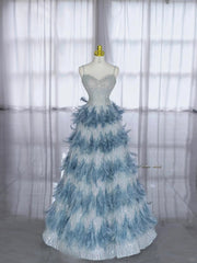 Pretty Prom Dresses Ball Gown Spaghetti Strap Silver Sequined With Feathers Long Formal Dress N2994
