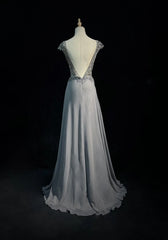 Vintage Prom Dresses 80s A Line Scoop Grey Sleeveless Chiffon With Beading Semi Formal Evening Outfits N3615