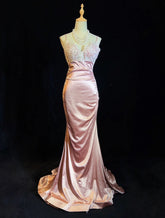 Vintage Prom Dresses Inspo Mermaid Spaghetti Strap Pink Satin With Ruffled White Lace For Women Formal Dress N3249