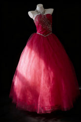 Modest Prom Dresses Ball Gown Strapless Hot Pink Tulle With Beads Long Formal Dress N2956