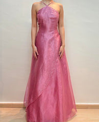 Vintage A line Halter Pink Long Formal Dress Gown Party Gowns Prom Dresses N2393