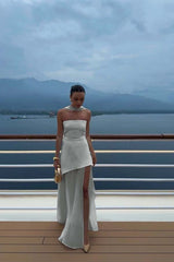 White Strapless Satin Chiffon Split Holiday Summer Prom Dress 18th Birthday Outfits AB2396