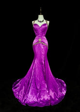 Vintage 1960s Sweetheart With Straps Grape Sleeveless Satin Pleated Mermaid Long Prom Dresses N1577