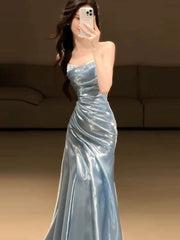 Glitter Mermaid Strapless Light Blue Sleeveless Prom Dresses Inspiration Long Night Outfits 18th Birthday Outfits AB2219