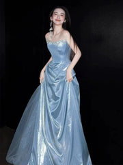 Glittery A Line Strapless Light Blue Sleeveless Prom Dresses Inspiration Long Night Outfits Birthday Outfits AB2215