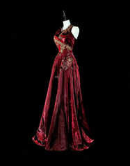 Vintage A line Scoop Burgundy Satin 80s Evening Gowns Formal Birthday Dress Long Prom Dresses N1758