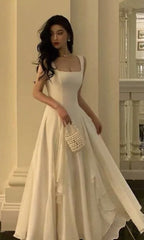 Gorgeous A Line Square Neckline Sleeveless White Date Night Dress Prom Dresses Birthday Outfits AB1915