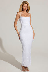 Embellished Cowl-Neck Maxi Dress in White