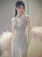 Glittery Sheath V Neck Sleeveless With Cape Tulle Slit Prom Dresses Inspiration Long Night Outfits 18th Birthday Outfits AB2226