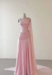 A Line One Shoulder Pink Chiffon Evening Gown Prom Dresses N2392
