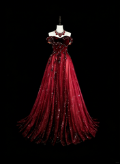 Off-Shoulder Sparkly A line Burgundy With Appliques Long Prom Dress Wine Red Party Dresses N1777