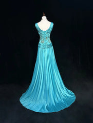 Vintage Prom Aesthetic Dresses A line Blue Satin With Beading Appliqued Long Formal Dress N3024