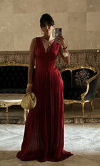 Chic A line V Neck Burgundy Chiffon Pleated Sleeveless Long Party Women Prom Dresses AB1876