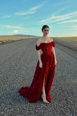 Simple A line Off The Shoulder Red With Split Long Formal Fancy Prom Evening Dress Dinner Outfits Classy Party Gowns For Black Girls AB2101