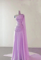 A Line One Shoulder Pink Chiffon Evening Gown Prom Dresses N2392