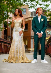 Classy Mermaid Spaghetti Straps Gold Sequin Inspo For Black Women Girls Formal Party Gowns Long Prom Dresses AB1779