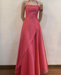 Y2K A line Halter Pink Sleeveless Long Formal Dress Gown 21st Birthday Prom Dresses N2402