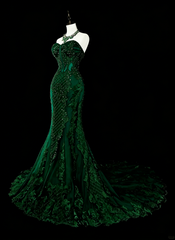 Vintage 1960s Mermaid Sweetheart Dark Green With Crystals Gems Sleeveless Long Prom Formal Dresses N1593