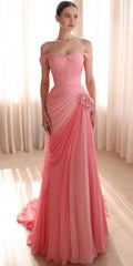 Chic Mermaid Off The Shoulder Pink Chiffon With Cap Sleeves Spring Formal Dress Long Prom Dresses N2669