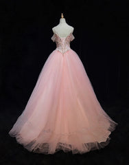 Princess Prom Dresses Inspo Ball Gown Pink Tulle Long With Beading Formal Gowns N3392