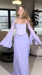 Elegant Mermaid 2 Pieces Square Neck Lilac Chiffon With Sleeves Long Formal Fancy Evening Dress Dinner Outfits Classy Party Gowns AB2023