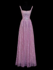 Affordable Sequin 1950s Formal A Line Square Neck Pink Pleated With Beaded Style Impress Long Prom Dresses Party Formal Gowns SA004