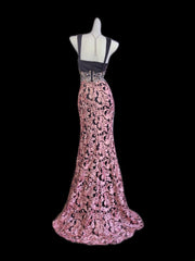 Modest Mermaid Square Neck Floral Pink Lace Sleeveless Long Prom Dresses High School Senior Graduation Dance Party Outfits AS009
