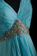 Vintage Prom Dresses 90s Formal A line V Neck Blue Chiffon Long Party Gowns Prom Dresses AS011