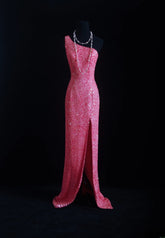 Vintage Prom Dresses 90s Formal Sheath One Shoulder Pink Sequins Long Party Gowns Prom Dresses AS012