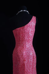 Vintage Prom Dresses 90s Formal Sheath One Shoulder Pink Sequins Long Party Gowns Prom Dresses AS012