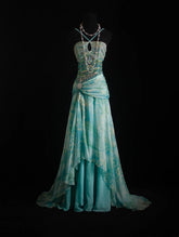 Vintage Prom Dresses 90s Formal Mermaid Halter Blue Chiffon Floral With Beadings Long Party Gowns Prom Dresses AS020