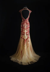 Vintage Prom Dresses 90s Formal Mermaid Scoop Neck Champagne With Red Beadings Long Party Gowns Prom Dresses AS023
