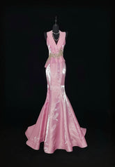 Vintage 1950s Mermaid V Neck Pink With Gold Lace Sleeveless Long Prom Dresses High School Senior Graduation Dance Evening Outfits AS033