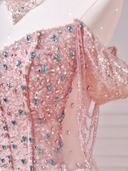 Modest Prom Dresses Aesthetic Ball Gown Off The Shoulder Pink Sequin Corset Fitted Impress Long Party Formal Gown For Teens High Schools Girls AQ036