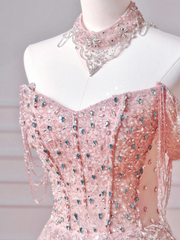 Modest Prom Dresses Aesthetic Ball Gown Off The Shoulder Pink Sequin Corset Fitted Impress Long Party Formal Gown For Teens High Schools Girls AQ036