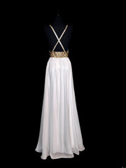 Retro 60s A Line Chiffon White Blue With Gold Beads Sleeveless Long Prom Dresses High School Senior Graduation Dance Party Outfits AS042