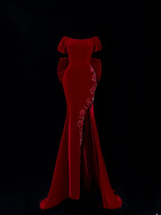 Classic 1950s Formal Mermaid Off The Shoulder Burgundy Velvet With Beads Bow-knot Style Impress Long Prom Dresses Party Gowns SA043