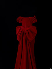 Classic 1950s Formal Mermaid Off The Shoulder Burgundy Velvet With Beads Bow-knot Style Impress Long Prom Dresses Party Gowns SA043