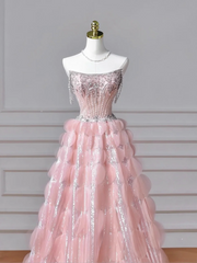 Modest Senior Prom Dresses High Schools Inspiration Ball Gown Strapless Pink With Beaded Semi Formal Grad Long Prom Dress AQ051