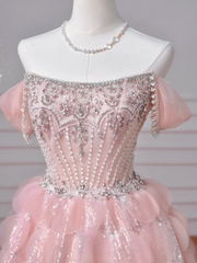 Modest Senior Prom Dresses High Schools Inspiration Ball Gown Strapless Pink With Beaded Semi Formal Grad Long Prom Dress AQ051